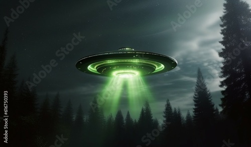 UFO phenomenon, Spaceship in night sky, green alien by forest witnesses Generative AI photo
