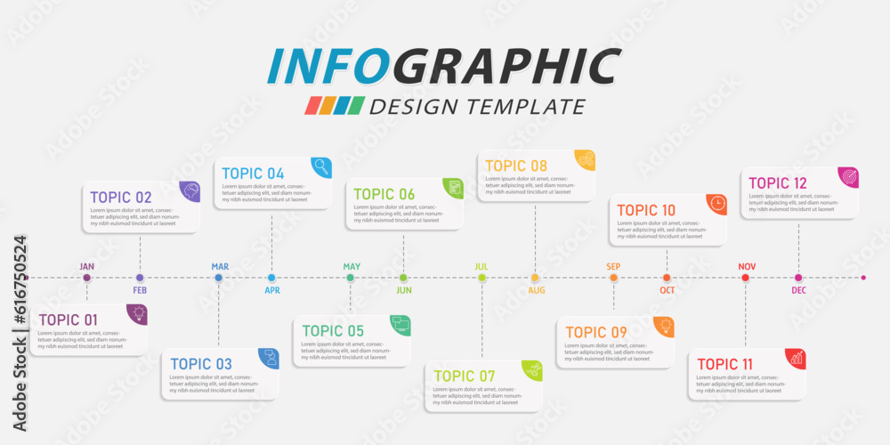 Timeline Creator infographic template. 12 months timeline journey, 1 year calendar infographics design template. presentation graph. Business concept with 12 options or steps, vector illustration.