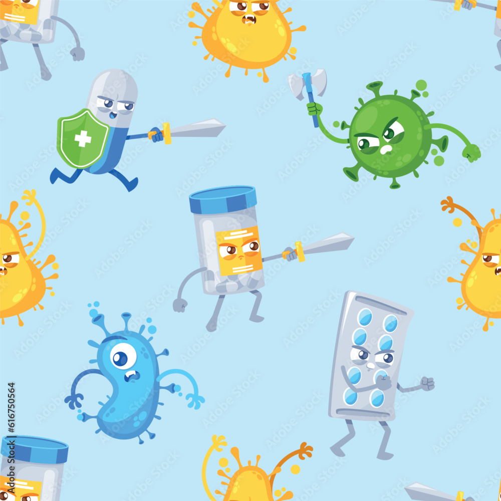 Naklejka premium Seamless Pattern Featuring Medicines Fighting with Viruses, Creating A Contrasting Design, Cartoon Vector Illustration