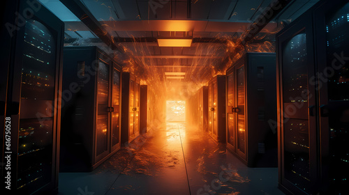 Server room Burning. Data center and supercomputer technology in fire. Generation AI © Adin