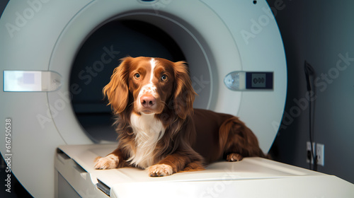 Dog lying on table before scanning in MRI equipment in veterinary clinic. Banner Vet CT scan for pet. Generation AI