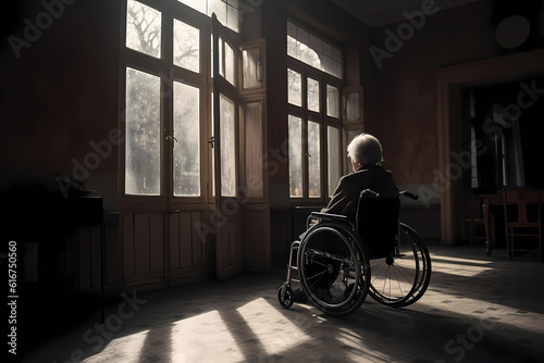 Lonely sad elderly Senior person in wheelchair in nursing home looking out window. Generation AI