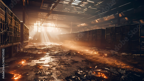 Burning server room or mining farm. Data center supercomputer technology in fire. Generation AI