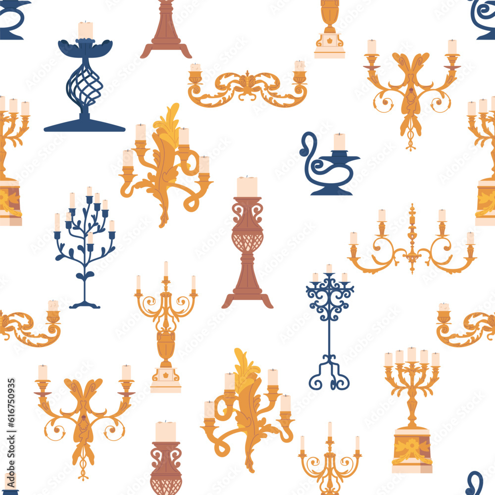 Seamless Pattern With Elegant Candleholders In Various Shapes And Sizes, Creating A Harmonious And Captivating Design Seamless Pattern With Elegant Candleholders In Various Shapes And Sizes, Creating A Harmonious And Captivating Design
