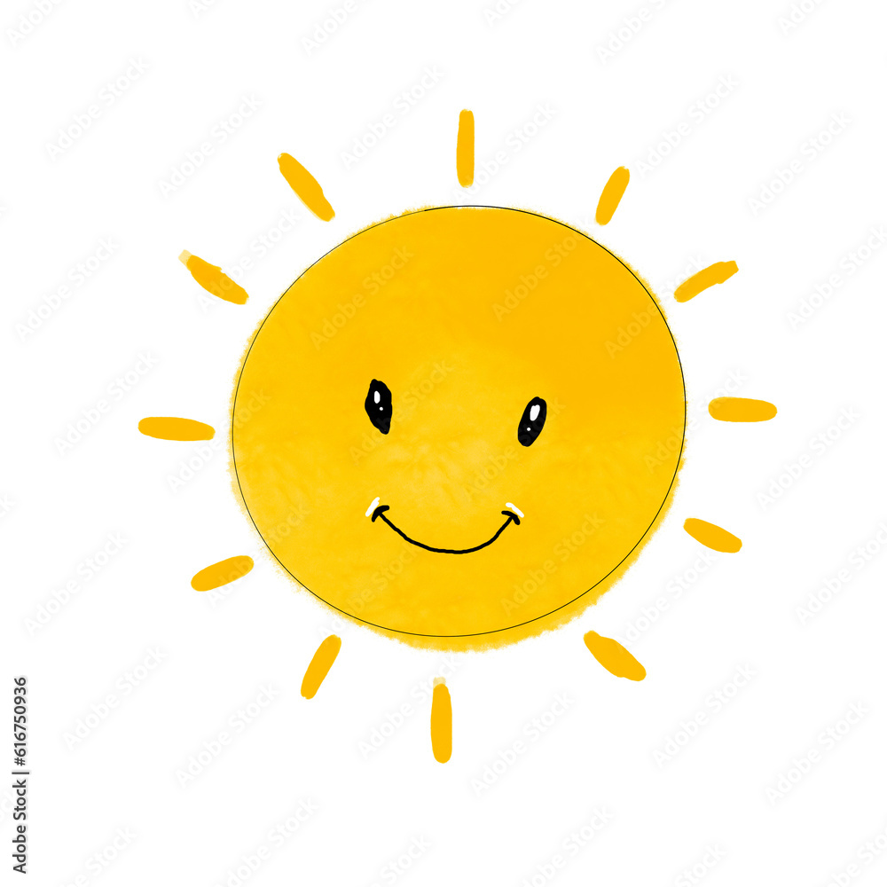 Cute Sun smiling on white background, It's painting with watercolor.