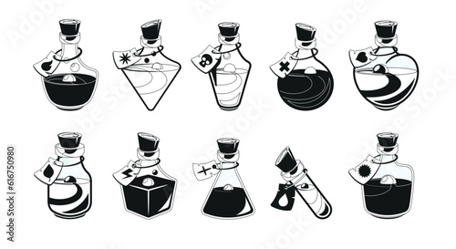 Magic Potion Bottles Black Icons Set. Monochrome Vials Each Crafted With Intricate Details. Alchemical Mystique Flasks