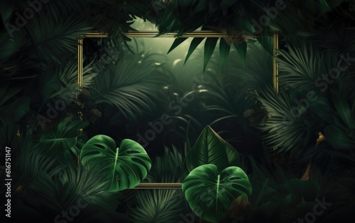 Glowing Neon Rectangular Frame in Lush Tropical Jungle