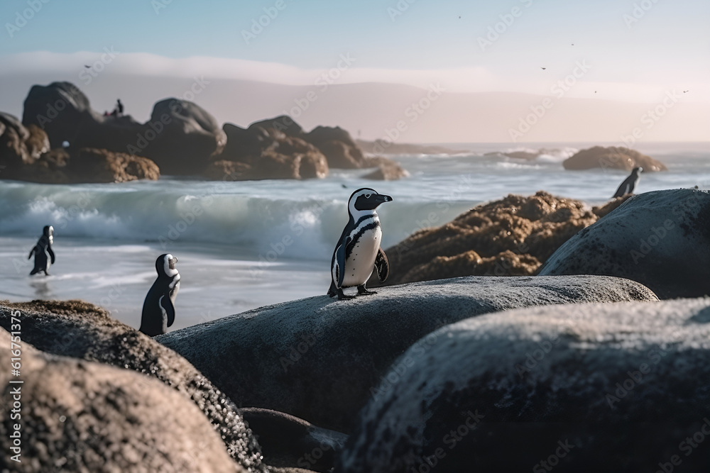 Naklejka premium Penguins at Boulders beach Cape Town daylight sea view