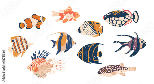 Diverse And Vibrant, Sea Fishes Underwater Ecosystems. From Colorful Tropical Species To Majestic Deep-sea Creatures