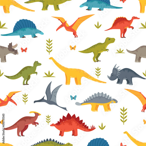 Fototapeta Naklejka Na Ścianę i Meble -  Vibrant Childish Seamless Pattern Featuring Cute and Playful Dinosaurs In Various Poses And Colors, Cartoon Illustration