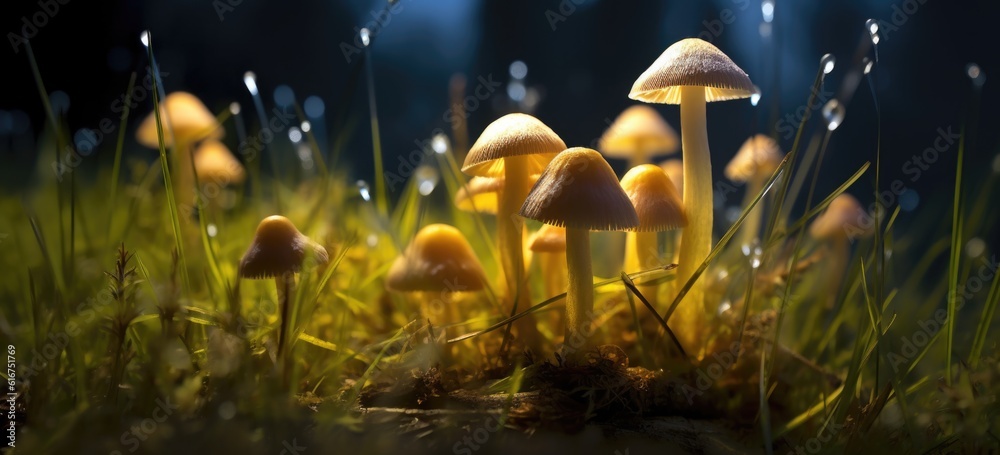 Psilocybe Cubensis Golden Ticher Mushrooms in Grass - Enchanting Macro Photo