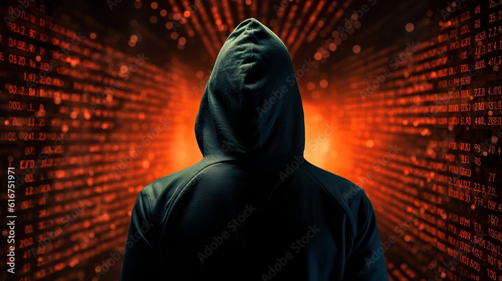 Hacker with a hoodie and a hidden face, set against an abstract data background. Threat of cybercriminals who breach digital security and the urgency of robust cybersecurity measures. Generative AIa Hacker with a hoodie and a hidden face, set against an abstract data background. Threat of cybercriminals who breach digital security and the urgency of robust cybersecurity measures. Generative AIa