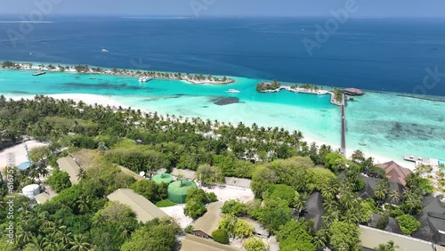 Aerial View, flight at Maldives, North Malé Atoll, Indian Ocean, Lankanfushi, Paradise Island with Water Bungalows photo