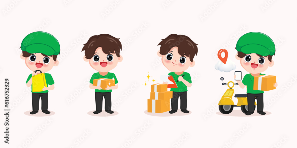 Set of Online delivery service concept Delivery Man Ride truck, scooter and bicycle courier cartoon art illustration Set of Online delivery service concept Delivery Man Ride truck, scooter and bicycle courier cartoon art illustration