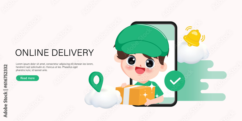 Delivery courier man holding Parcel Box on mobile phone. Fast online delivery service. online order. Internet e-commerce. Concept for website or banner  
