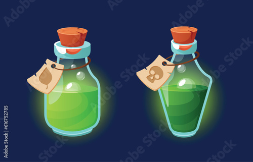 Enchanting Magic Potion Bottles With Green Mystical Elixirs, Labels and Wooden Cork. Vials Evoking A Sense Of Wonder