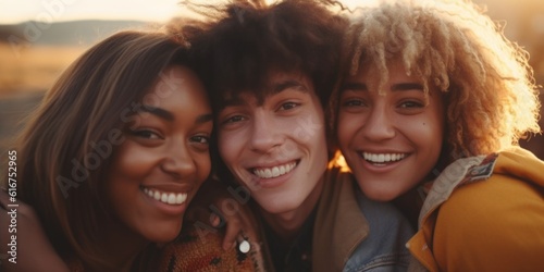 Polyamorous Love: Three Multiracial Friends Embracing in the Desert photo