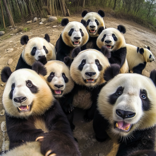 Captivating group of adorable pandas taking a fun and amusing selfie in a high angle, showcasing their playful camaraderie and evoking joyful emotions. Generative AI © XaMaps