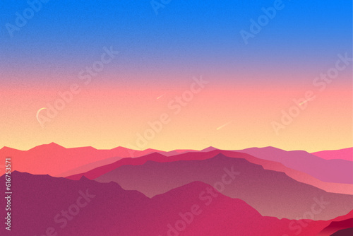 the mountain lanscape with the moon nd falling stars in neon colors with noise effect