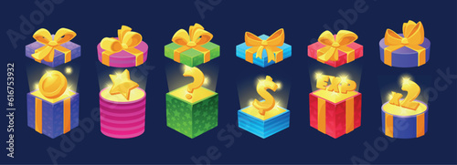 Set Of Open Gift Boxes with Assets and Surprises. Isolated Colorful Packages Decorated With Ribbon Bows With Coin, Star