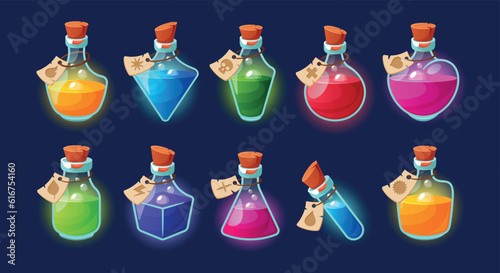 Set Of Enchanting Magic Potion Bottles, Each Delicately Crafted With Intricate Details And Vibrant Colors, Whimsy