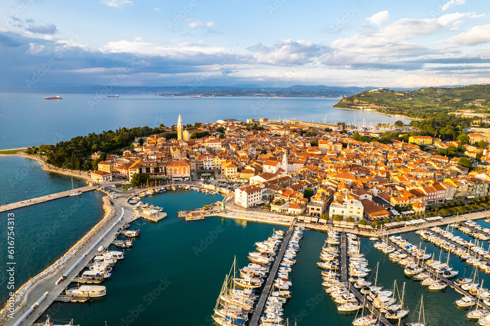 Izola townscape  on the Adriatic coast of the Istrian peninsula in Slovenia. Aerial drone view