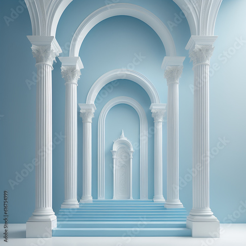 Elegant and Airy Banner with Minimalistic White and Light Blue Architectural Background Featuring Graceful Columns