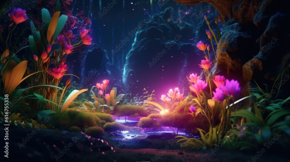 Enchanting Neon Jungle Plants in a Dreamlike Landscape