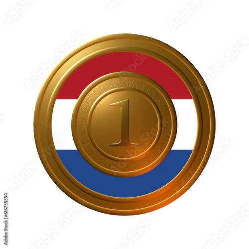 A 3D-rendered illustration of a golden metallic textured circular seal with the number 1 in the centre and the Netherlands flag in the outer ring, isolated on a white background.