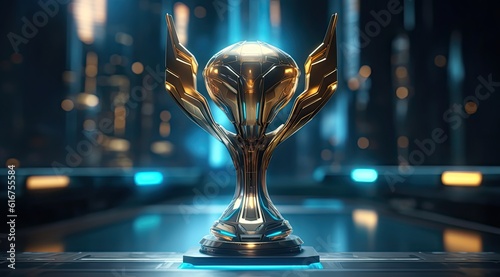 Modern esports trophy on a dark neon blue background