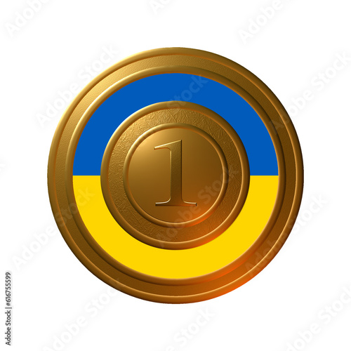 A 3D-rendered illustration of a golden metallic textured circular seal with the number 1 in the centre and the Ukrainian flag in the outer ring, isolated on a white background.