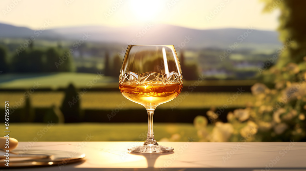 Glass of cognac in a hotel in the background of nature, alcoholic concept, expensive drink Glass of cognac in a hotel in the background of nature, alcoholic concept, expensive drink