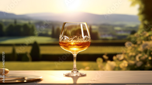 Glass of cognac in a hotel in the background of nature, alcoholic concept, expensive drink