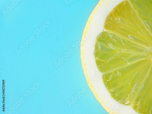 Half yellow lemon slice on a blue background 