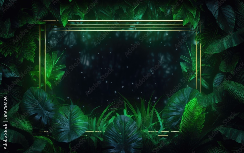 Glowing Neon Rectangular Frame in the Jungle with Green Leaves
