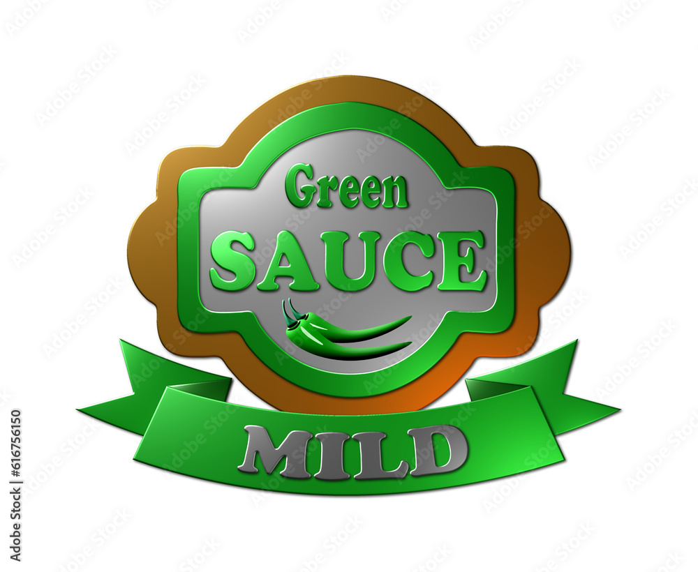 A 3D-rendered illustration of a mild green chilli sauce in a metallic texture finish, isolated on a white background. A 3D-rendered illustration of a mild green chilli sauce in a metallic texture finish, isolated on a white background.