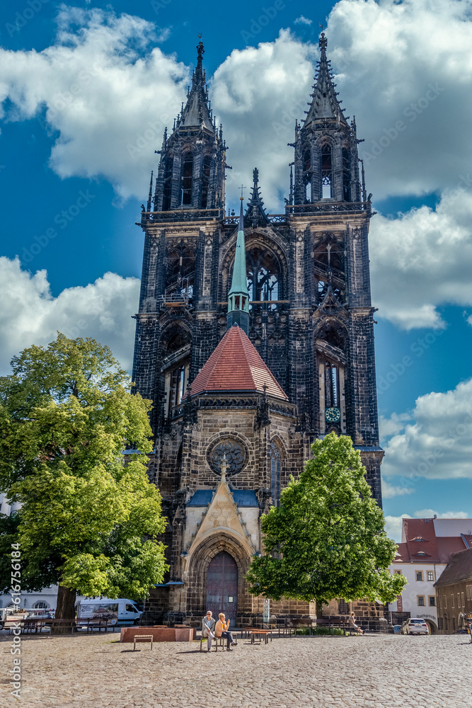 Obraz premium Aerial view of the hilltop Albrechtsburg in Meissen Saxony with restored Gothic palace and cathedral