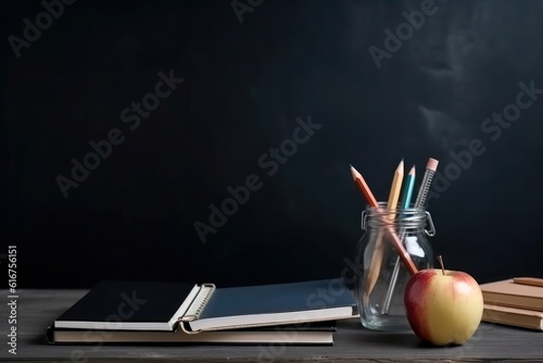 School supplies pencils, notebooks and apple on black background with place for text. Back to school Concept. Copy space. Backdrops. Apple sign of knowledge. Blackboard on backdrop