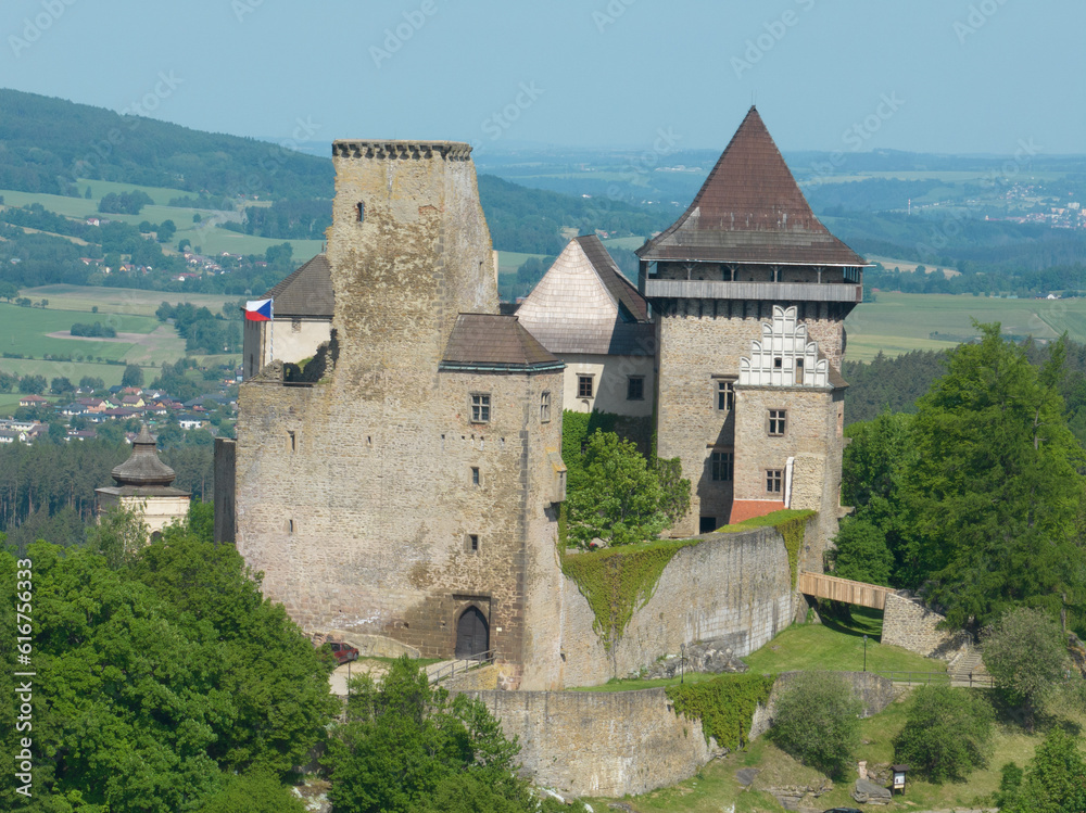 Aerial view of Lipnice nad Sázavou Castle in Czechia built in late Gothic and Renaissance style, rectangular Samson tower keep serves as observation deck Aerial view of Lipnice nad Sázavou Castle in Czechia built in late Gothic and Renaissance style, rectangular Samson tower keep serves as observation deck