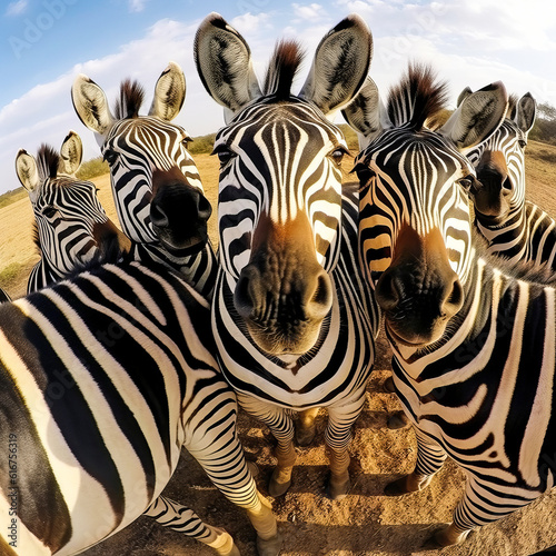 Captivating aerial view of cheerful zebras taking a group selfie  evoking fun and amusement  perfect for creating an emotional connection with audiences. Generative AI