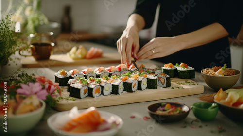 The hands of the chef are preparing sushi in a cozy kitchen.
