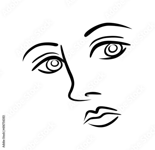 A flat graphic illustration of a female face in black, isolated on  a white background
