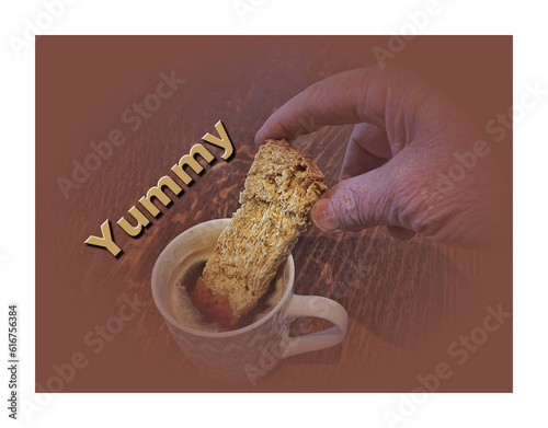 A photo of a hand dunking a rusk in a mug of coffee, with a graphic over the outside to make the focus on the main item as well as a 3D-rendered text 