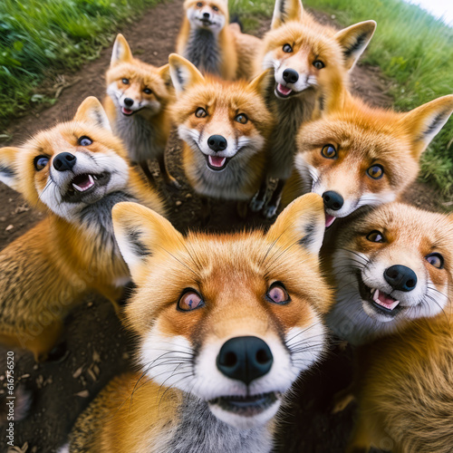 Captivating group of playful foxes taking a selfie from above, exuding fun and amusement, evoking joy and laughter in viewers. Great for lighthearted themes. Generative AI © XaMaps
