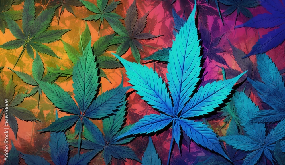 colorful marijuana leaves against a blue and green background