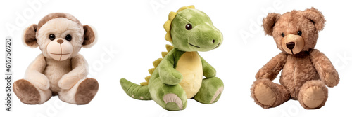 Collection of different cute stuffed animals isolated on a transparent background