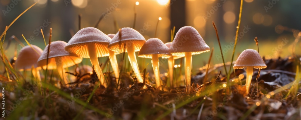 Golden Psilocybe Cubensis Mushrooms in Morning Sunlight
