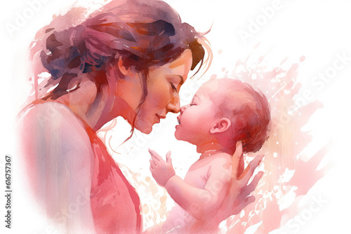 Watercolour illustration of mother holding newborn photo