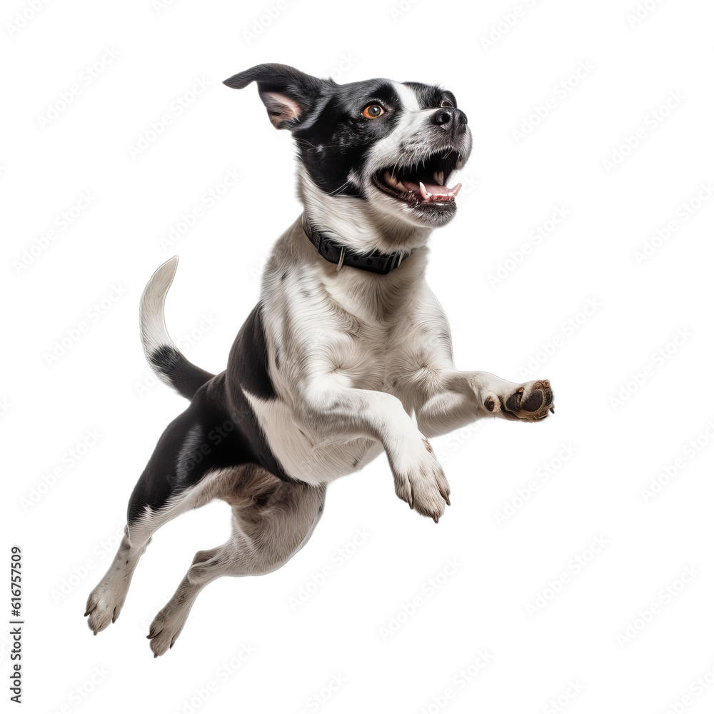 A happy jumping dog in the air on a transparent background
