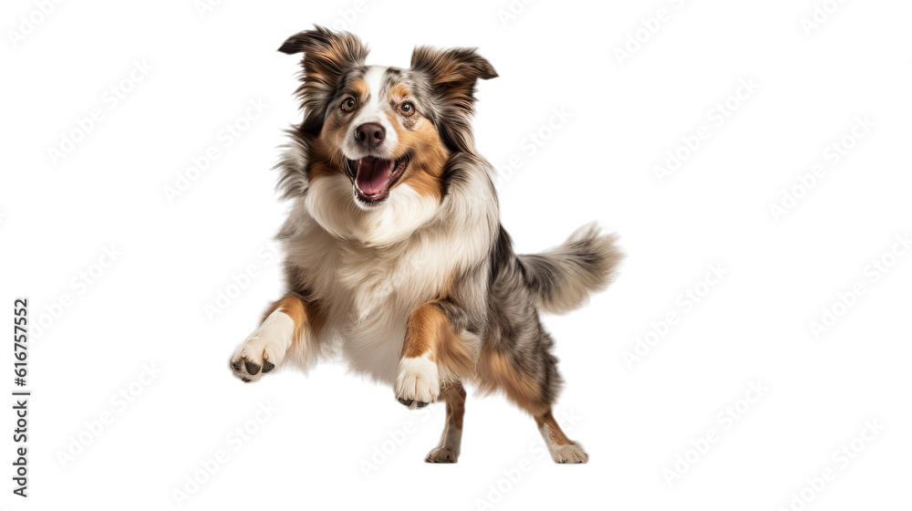 A happy jumping dog in the air on a transparent background - obrazy, fototapety, plakaty 